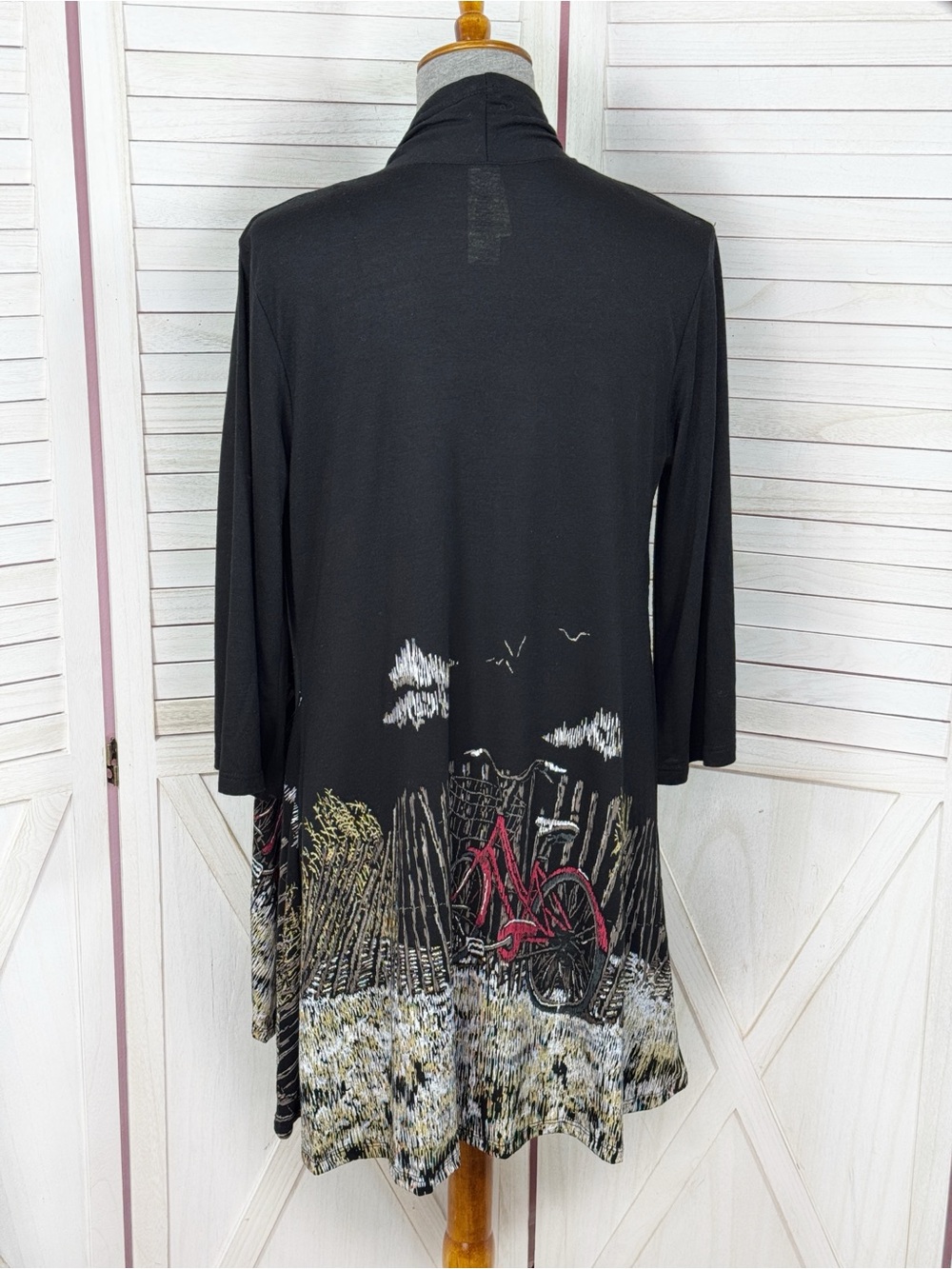 A Walk In The Park Coastal Beach Bicycle Printed Cardigan‎ Kimono Black Medium